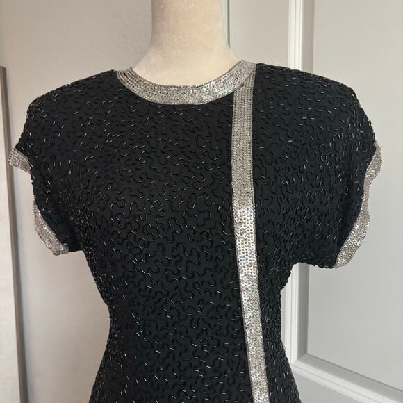 VTG 80s Saks Fifth Avenue Black Silk Beaded Nights Cocktail Bow Dress S Holiday - Picture 3 of 14